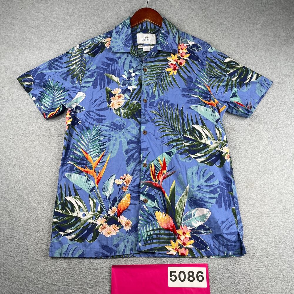 28 Palms Blue Tropical Print Shirt Hawaiian Button Up Short Sleeve Mens Medium